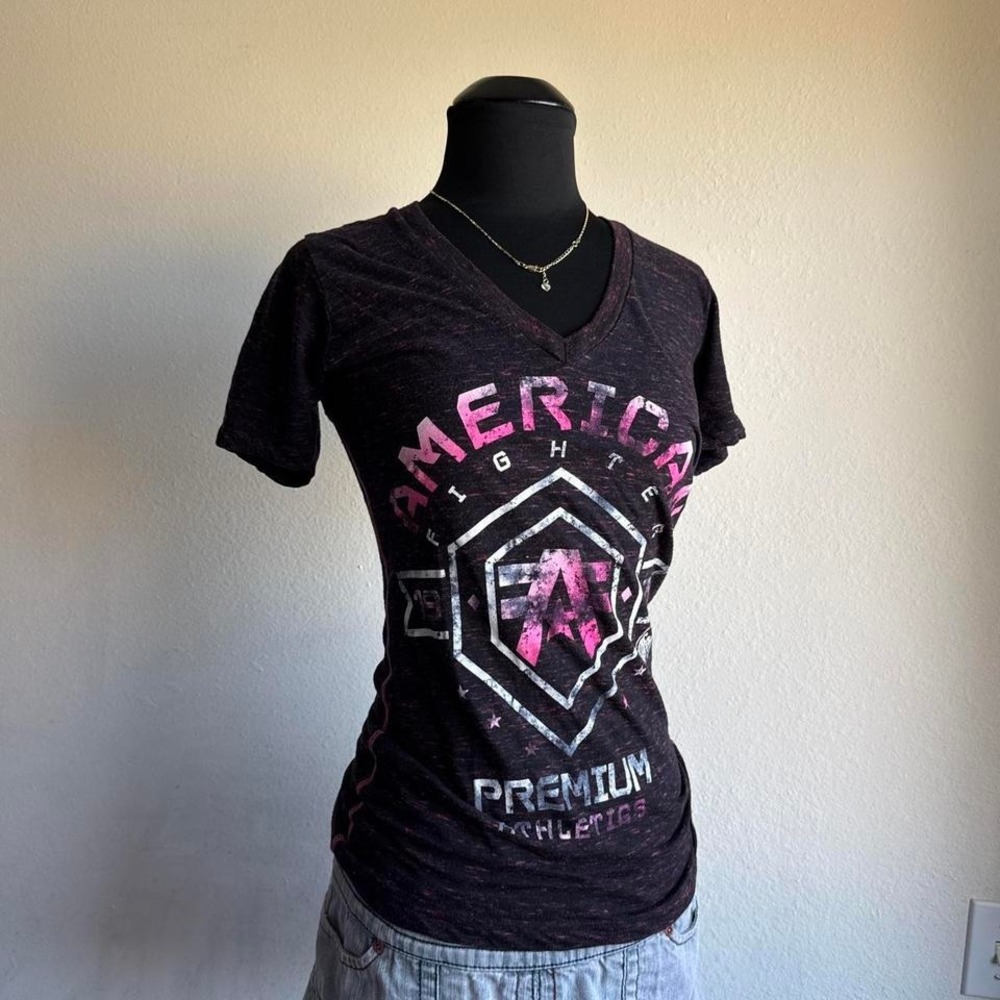 American Fighter Premium Athletics dark burnout pink shield crest graphic v-neck